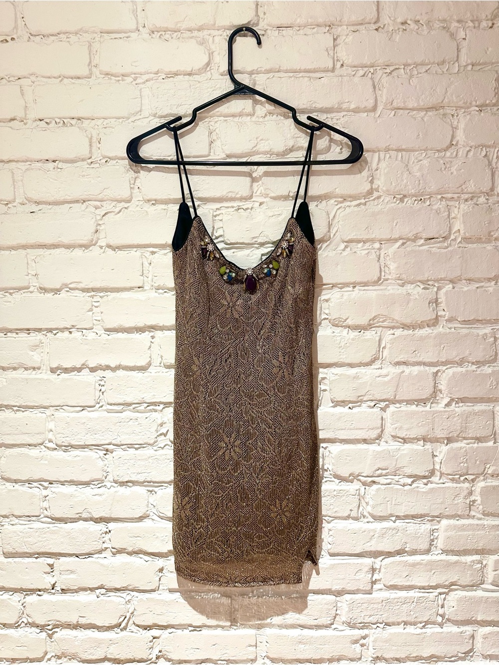 Embellished Gold Lace Slip Dress